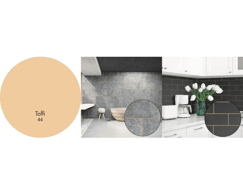 Dekoratívne dlaždice v kúpeľni a kuchyni s farbou Toffi 44.