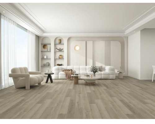 Svetlá obývacia izba s podlahou so vzhľadom dreva, kreslom a pohovkou