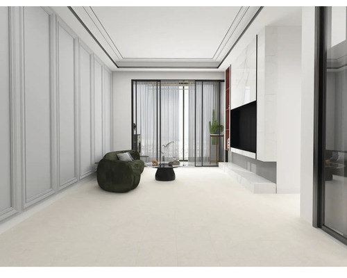 Svetlý obývací priestor s pohovkou, konferenčným stolíkom a televíznou stenou