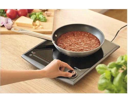 Indukčná varná doska s hrncom a osobou ovládajúcou regulátor teploty