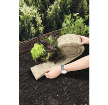 Zeleninová záhrada so sadenicami šalátu a rolou rastlinnej rohože z prírodných vlákien na zemi.