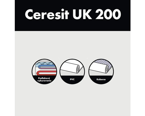 Produktový obrázok Ceresit UK 200 so symbolmi pre podlahové vykurovanie, PVC a koberce ako oblasti použitia.