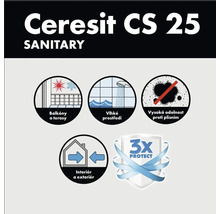 Ceresit CS 25 Sanitárny tmel Vlastnosti a oblasti použitia: Balkóny a terasy, vlhké priestory, vysoká ochrana proti plesniam, interiér a exteriér, trojitá ochrana