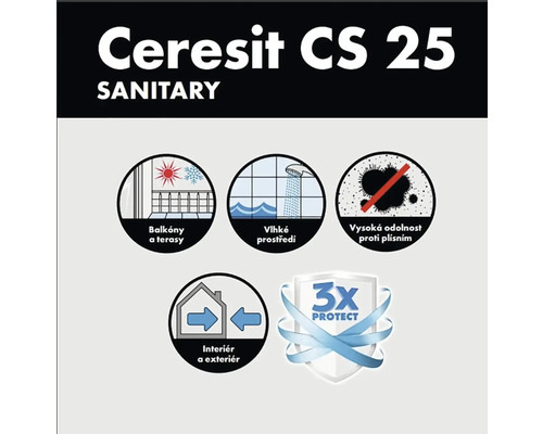 Ceresit CS 25 Sanitárny tmel Vlastnosti a oblasti použitia: Balkóny a terasy, vlhké priestory, vysoká ochrana proti plesniam, interiér a exteriér, trojitá ochrana