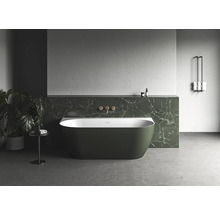 Voľne stojaca vaňa v kúpeľni s rastlinami a držiakom na uteráky.