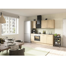 Svetlá kuchyňa s jedálenským stolom, kuchynskou linkou, chladničkou a digestorom.