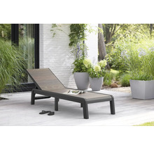 Záhradná scéna so záhradným lehátkom, rastlinami v kvetináčoch a topánkami