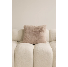 Štvorcový ozdobný vankúš so vzhľadom kožušiny na pohovke.