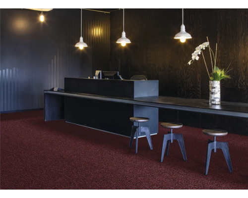 Recepcia s tmavým pultom, stojacími lampami a kobercom