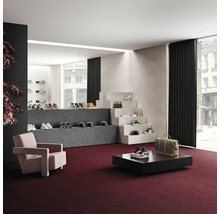 Interiér s kobercom, kreslom, stolom a prezentáciou obuvi a doplnkov