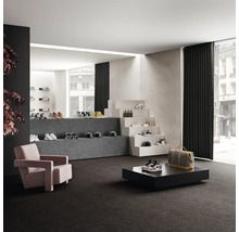 Interiér s kobercom, kreslom a výstavnou plochou pre topánky a doplnky