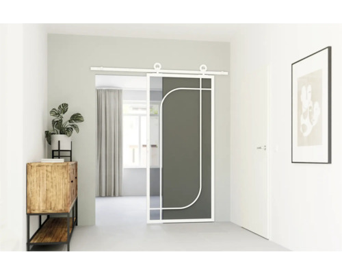 Interiérová fotografia s posuvným dverovým systémom, komodou a izbovou rastlinou