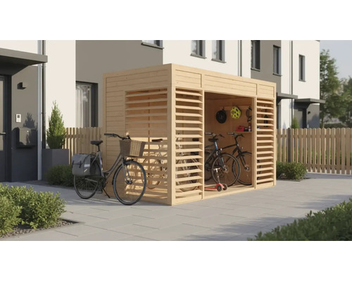 Drevená garáž na bicykle s bicyklami pred domom
