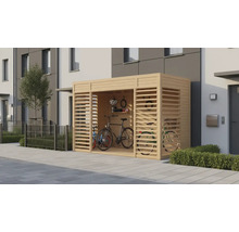 Drevená garáž na bicykle s bicyklami a príslušenstvom