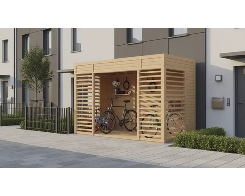 Drevená garáž na bicykle s bicyklami a príslušenstvom