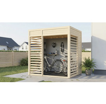 Drevená garáž na bicykle s bicyklami, cyklistickou prilbou a príslušenstvom