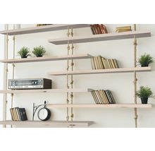 Regál s drevenými policami, zavesením na lane, knihami, rastlinami, rádiom a nástennými hodinami