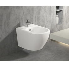 Závesný bidet s batériou v kúpeľni.