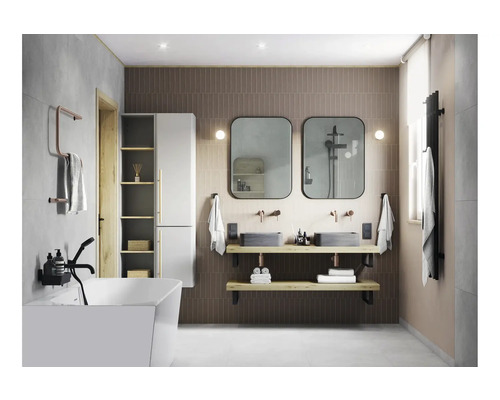 Obklad metro vzhľad Ainsa 5x25 cm Svetlá kúpeľňa s vaňou, umývadlami, zrkadlom a policami na kúpeľňové doplnky