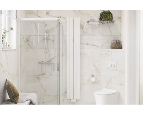 Dlažba imitácia mramoru Topaz gold 60x60 cm Moderná kúpeľňa so sprchou, radiátorom a toaletou