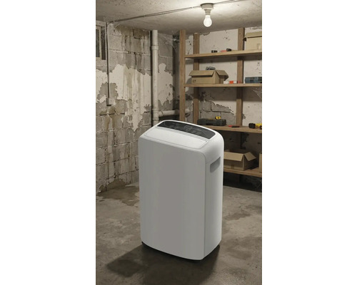 Biely odvlhčovač vzduchu v pivnici s regálmi a náradím.