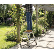 Muž stojí na schodíkoch v záhrade a strihá ruže