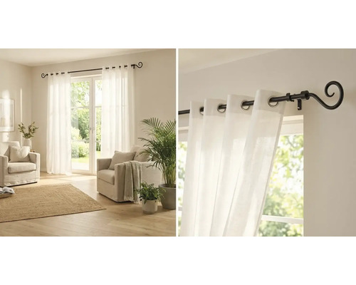 Obývacia izba s bielymi závesmi a záclonovou tyčou