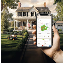 Scéna s robotickou kosačkou Landroid a aplikáciou pre inteligentné telefóny na ovládanie zariadenia pred domom.