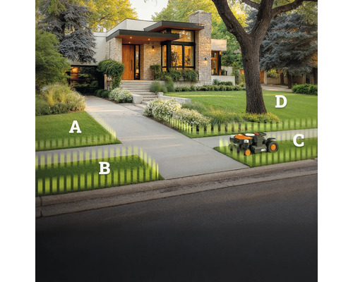 Robotická kosačka na trávniku pred moderným domom