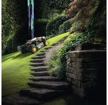 Scéna s robotickou kosačkou v záhrade s kamenným schodiskom a bujnou vegetáciou