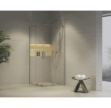 Moderný sprchovací kút so sklenenými dverami a armatúrami vo svetlej kúpeľni