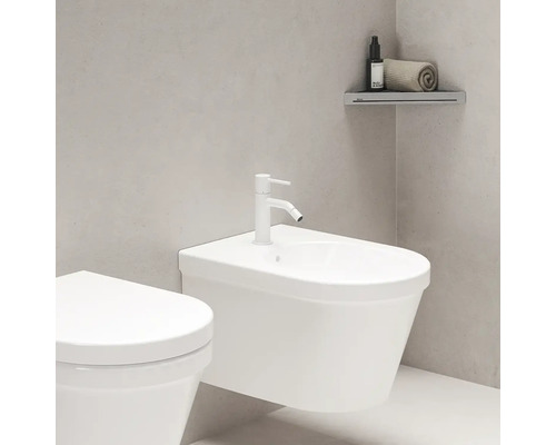Nástenný bidet s batériou a rohovou policou v kúpeľni