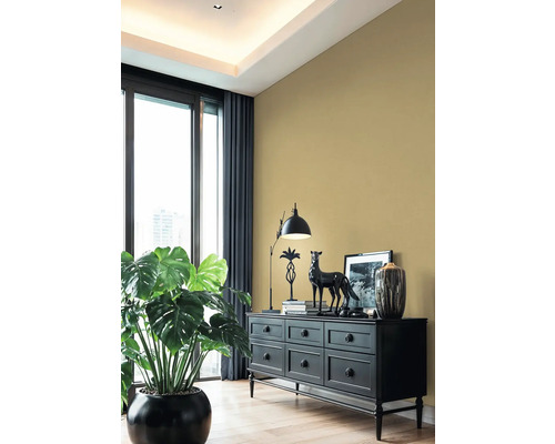 Obývacia izba s čiernou komodou, lampou, dekoráciou a izbovou rastlinou