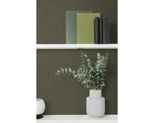 Polica s knihami a váza s eukalyptom