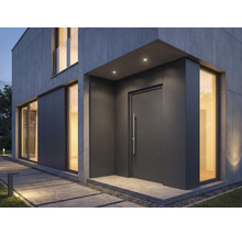 Moderný dom s vchodovými dverami, oknami a kamennou cestou