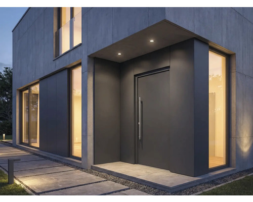 Moderný dom s vchodovými dverami, oknami a kamennou cestou