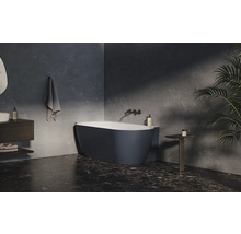 Kúpeľňa s voľne stojacou vaňou, umývadlom a dekoráciami.