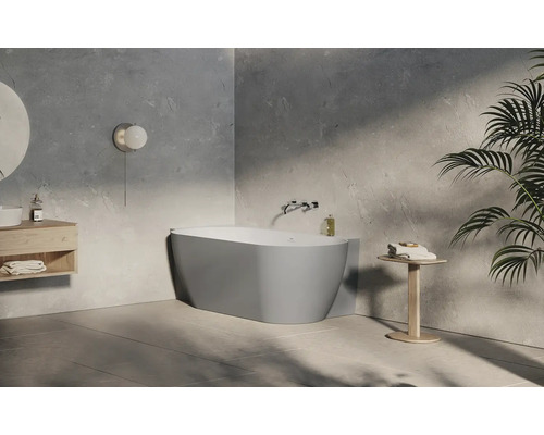 Moderná kúpeľňa s voľne stojacou vaňou, umývadlom a izbovou rastlinou