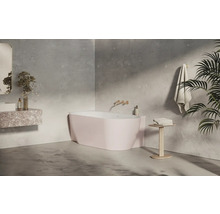 Svetlá kúpeľňa s voľne stojacou vaňou, umývadlom a dekoráciami.