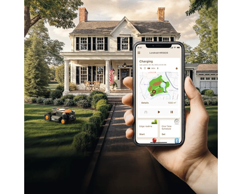 Scéna s robotickou kosačkou na trávniku a rukou držiacou smartfón s aplikáciou na ovládanie robota