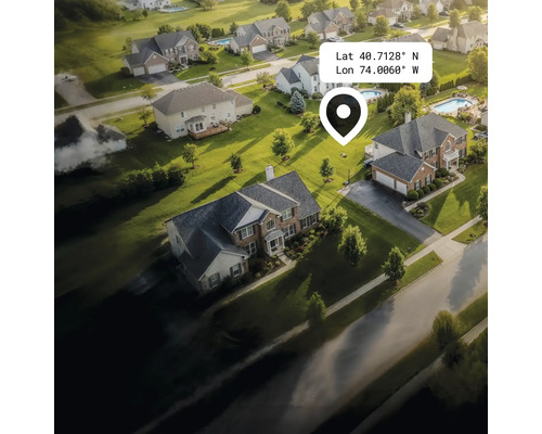 Letecký pohľad na obytnú štvrť s domami, záhradami a ulicami