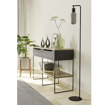 Dekoratívne obytné prostredie s komodou, stojacou lampou a izbovou rastlinou