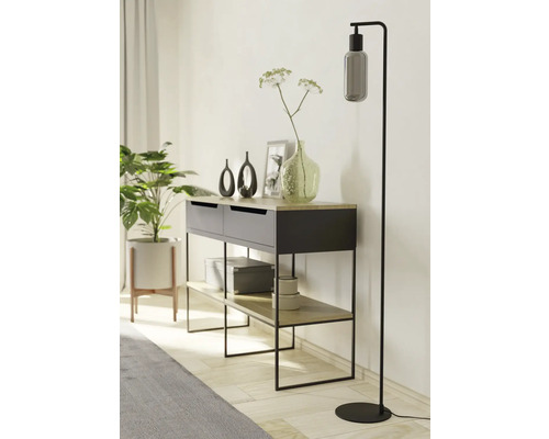 Dekoratívne obytné prostredie s komodou, stojacou lampou a izbovou rastlinou