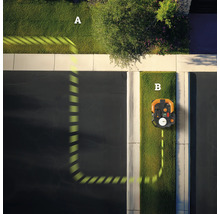 Pohľad zhora na robotickú kosačku pohybujúcu sa medzi dvoma trávnikmi.