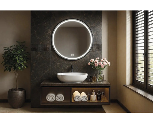 Moderná kúpeľňa s okrúhlym zrkadlom, umývadlom na dosku a skrinkou pod umývadlo