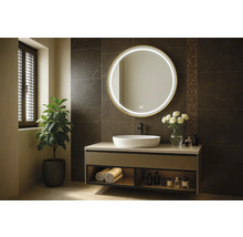 Moderná kúpeľňa s umývadlom, okrúhlym zrkadlom s osvetlením a izbovou rastlinou