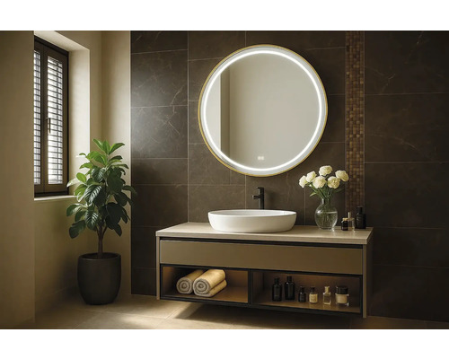 Moderná kúpeľňa s umývadlom, okrúhlym zrkadlom s osvetlením a izbovou rastlinou