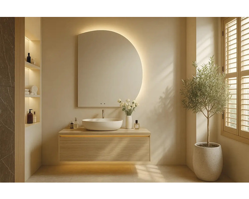 Moderná kúpeľňa s umývadlom, zrkadlom a rastlinou