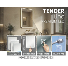Kúpeľňové LED zrkadlo Tender Line v svetlej kúpeľni s nastaviteľnou teplotou farieb, stmievačom, dotykovým spínačom a funkciou proti zahmlievaniu.