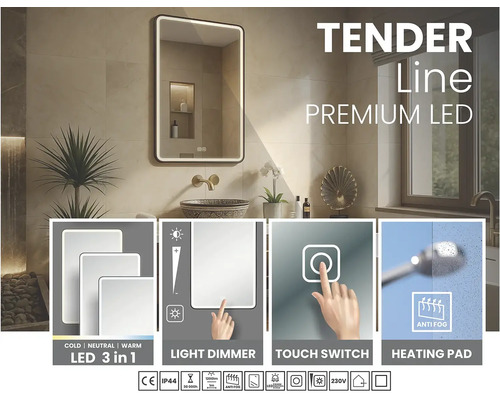 Kúpeľňové LED zrkadlo Tender Line v svetlej kúpeľni s nastaviteľnou teplotou farieb, stmievačom, dotykovým spínačom a funkciou proti zahmlievaniu.